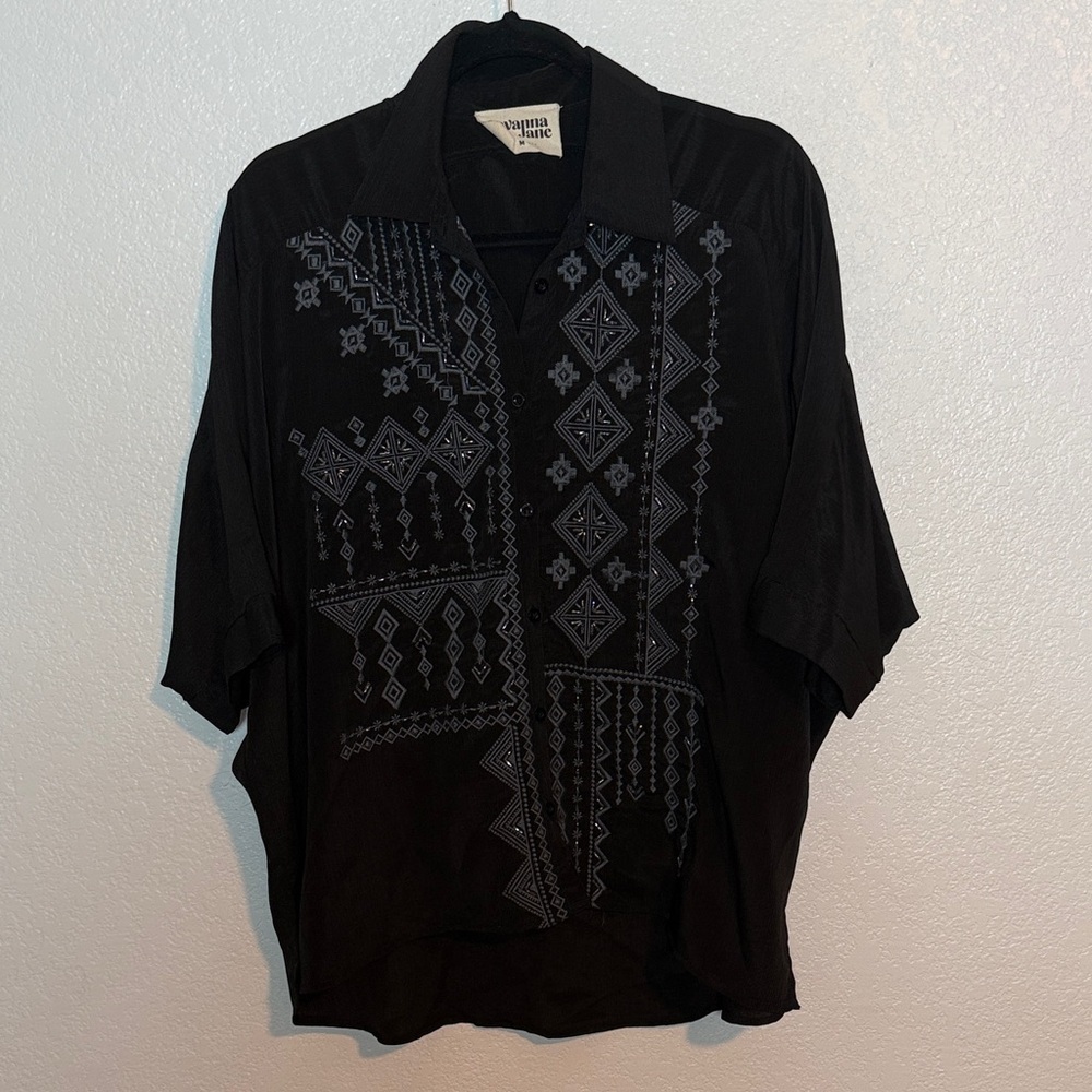 Savanna Jane Black Gray Southwest Embroidered Beaded Oversized Boxy Top Size Med